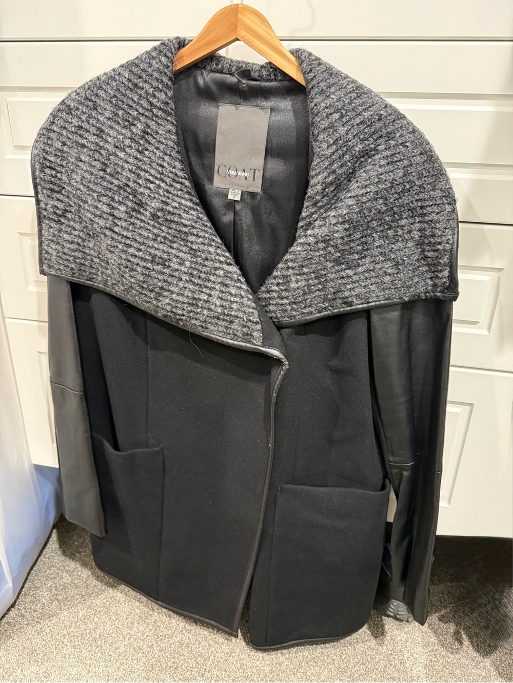Vera Wang Black Coat with Gray Knit Shawl Collar